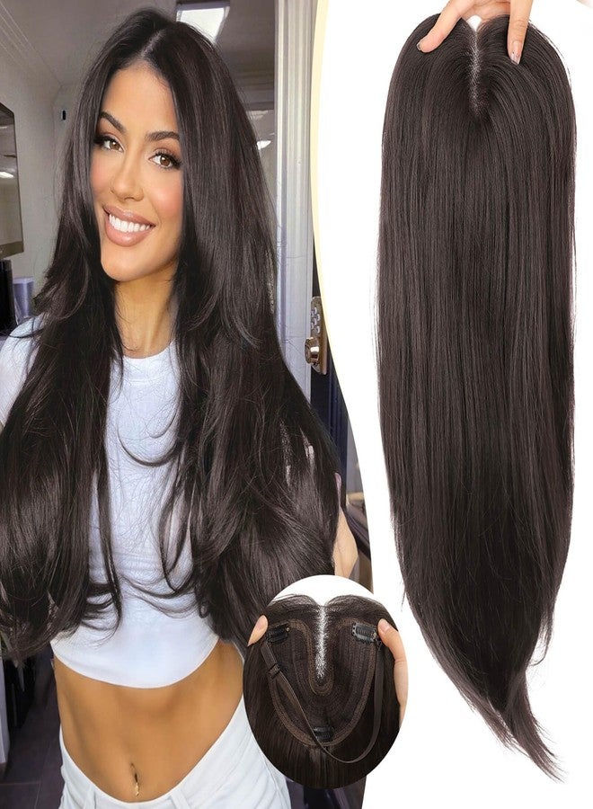Eawwii Dark Brown Synthetic Hair Toppers for Women with Thinning 3D 360° Cover Clip in Wispy Bangs Upgraded Adjustable Bandage 24 Inch Long Layered - Image 1