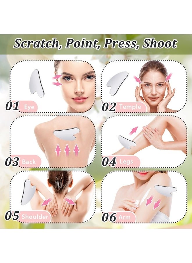 BUPY Stainless Steel Gua Sha Facial Tools Guasha for Face Metal Gua Sha Tighten Skin Massage Guasha Beauty Tool for Body Eyes Neck Massager with Travel Pouch Skin Care Gifts (Silver)  - Image 2