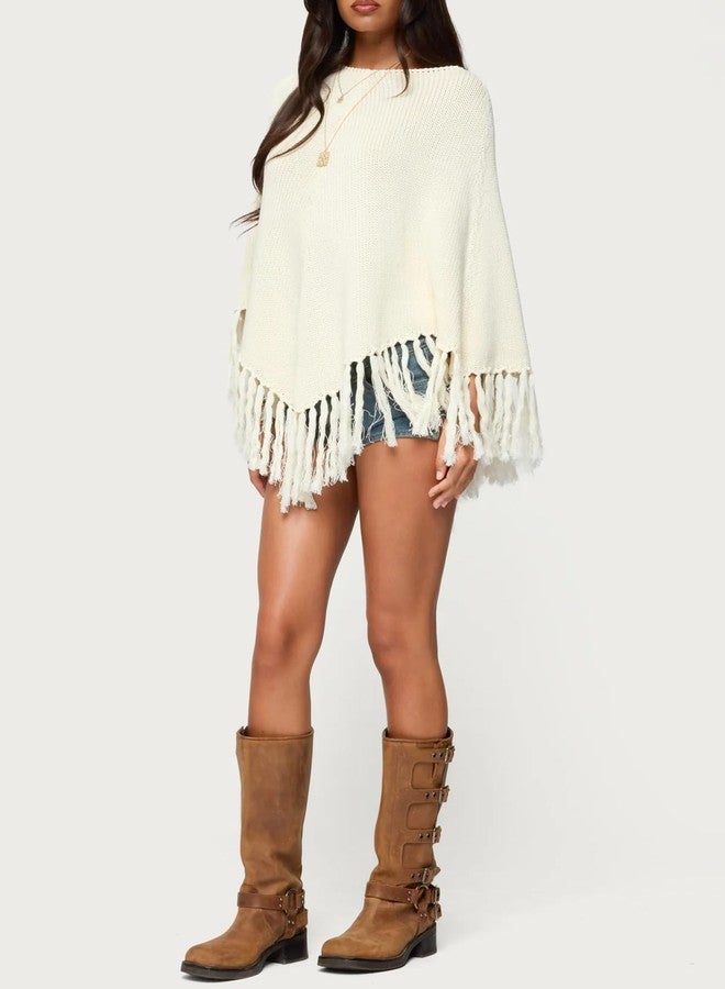 Argeousgor Women Tassel Poncho Sweater Y2K Knitted Pullover Poncho Shawl Lightweight Fringe Wrap Cardigan Knitwear Cape, B-ruffle White, S - Image 5