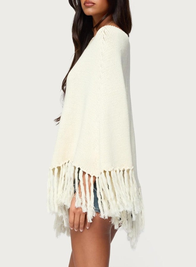 Argeousgor Women Tassel Poncho Sweater Y2K Knitted Pullover Poncho Shawl Lightweight Fringe Wrap Cardigan Knitwear Cape, B-ruffle White, S - Image 4