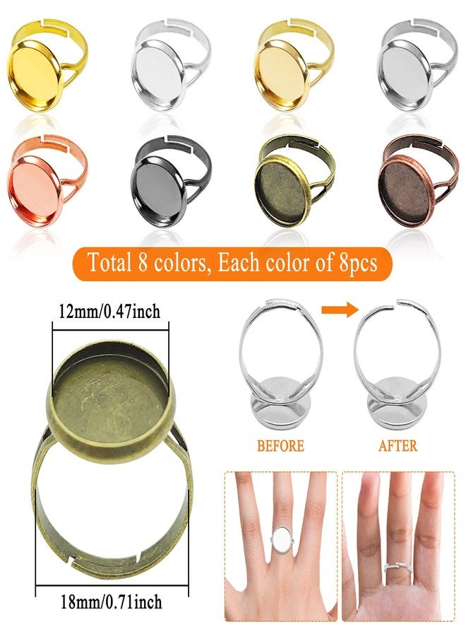 Oubaka 64pcs Blank Rings 12mm Adjustable Blank Rings Adjustable Flat Ring Metal Round Finger Ring Trays Round Pad Ring Trays Adjustable Ring Blanks Bezel Trays for Rings Making DIY Crafts(8 Colors) - Image 2