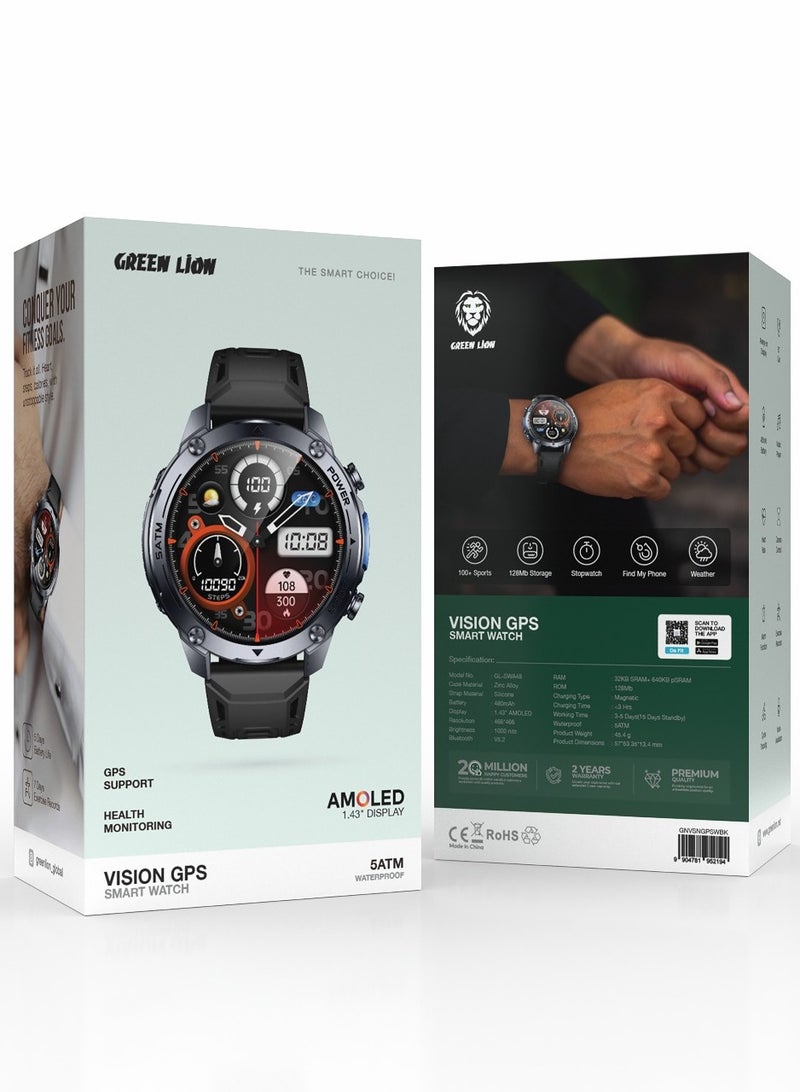 GREEN LION Vision GPS Smart Watch 1.43 inch AMOLED Display/ Working Time: 5 Days/ Built-in GPS / Smartwatch with Health Activity Tracking- Black - Image 4