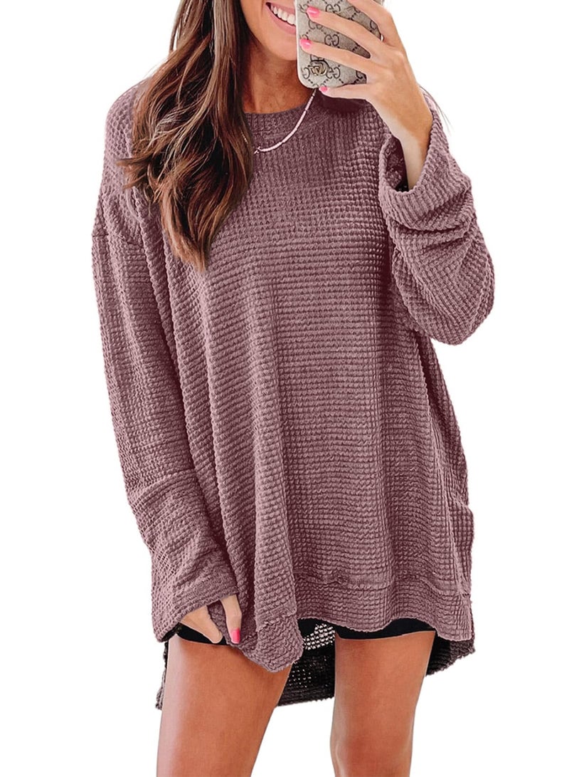 Shein SHEWIN Sweatshirt For Women Casual Crew Neck Womens Long Sleeve Tops Oversized Sweaters for Women Lightweight Fall Clothes 2025,(US 16-18) XL,Chicory Coffee - Image 5