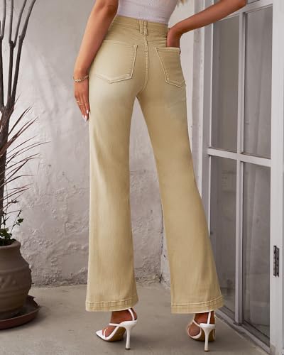 GRAPENT Womens Plus Size Jeans Size 12-14 Stretch High Waisted Ripped Flare Jeans Pale Khaki - Image 2