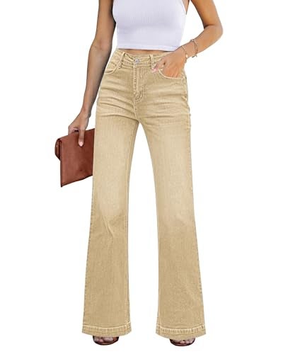 GRAPENT Womens Plus Size Jeans Size 12-14 Stretch High Waisted Ripped Flare Jeans Pale Khaki - Image 1