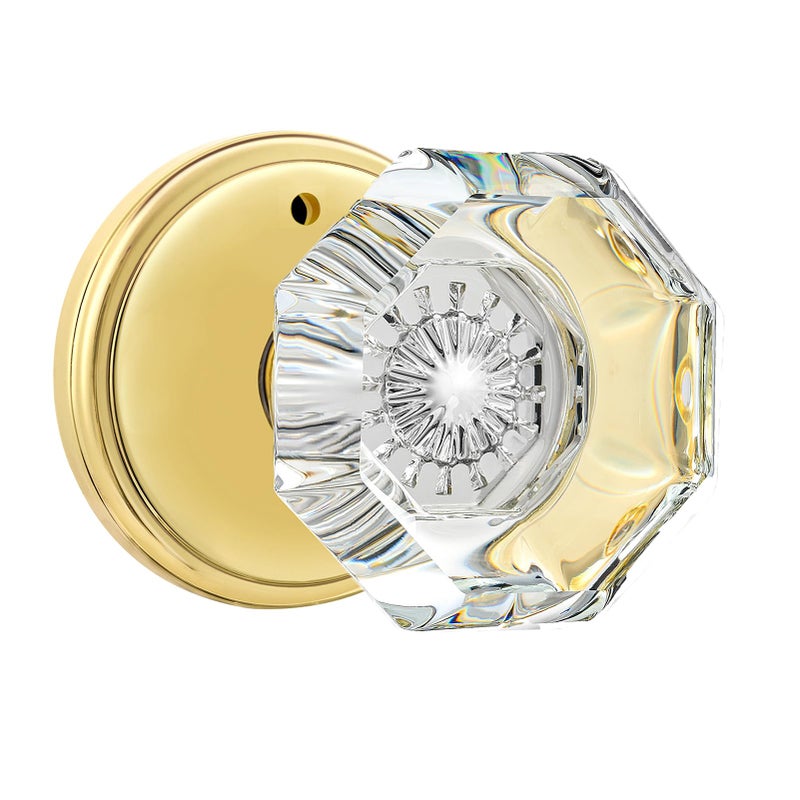 CLCTK Privacy Crystal Glass Door Knobs Interior with Lock Modern Octagon Door Knobs for BedroomBathroom GoldPolished Brass