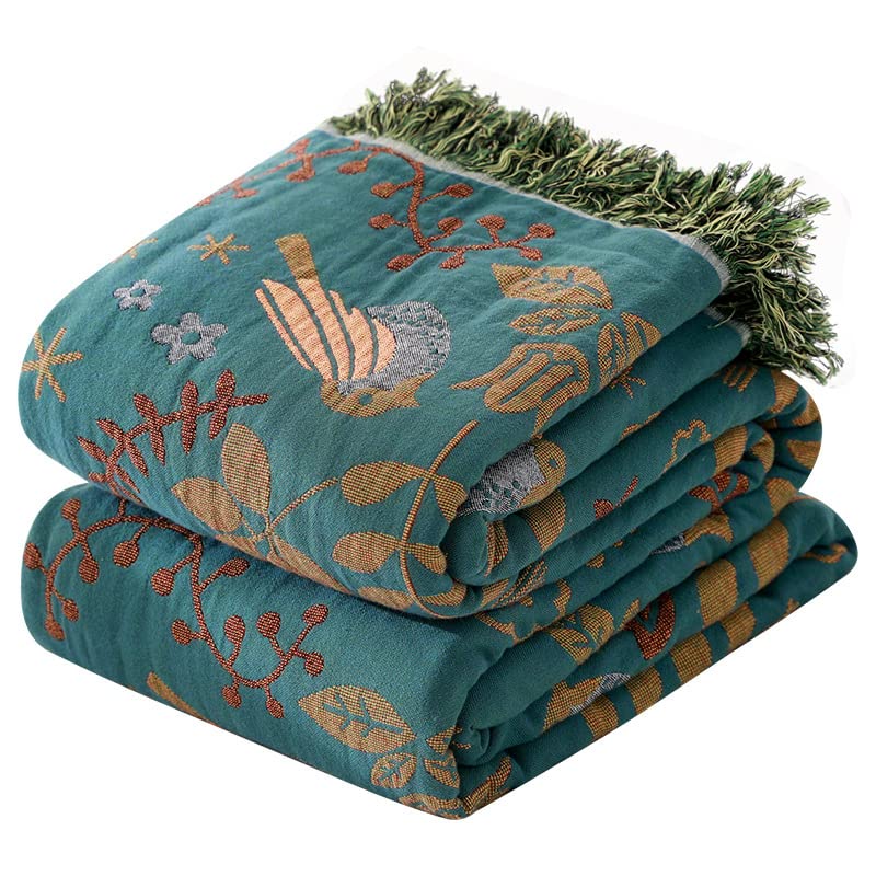 SE SOFTEXLY Boho Throw Blanket for Bed 60â€x80â€, 100% Cotton Woven Blanket for Couch Sofa, Ultra Soft 4-Layer Muslin Quilt with Bird Floral Printed, Farmhouse Bed Blanket/Cover for Living Room Decor - Image 1