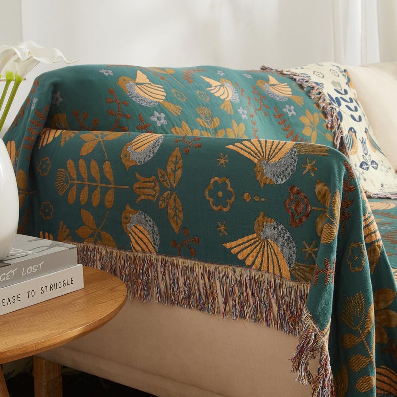 SE SOFTEXLY Boho Throw Blanket for Bed 60â€x80â€, 100% Cotton Woven Blanket for Couch Sofa, Ultra Soft 4-Layer Muslin Quilt with Bird Floral Printed, Farmhouse Bed Blanket/Cover for Living Room Decor - Image 5