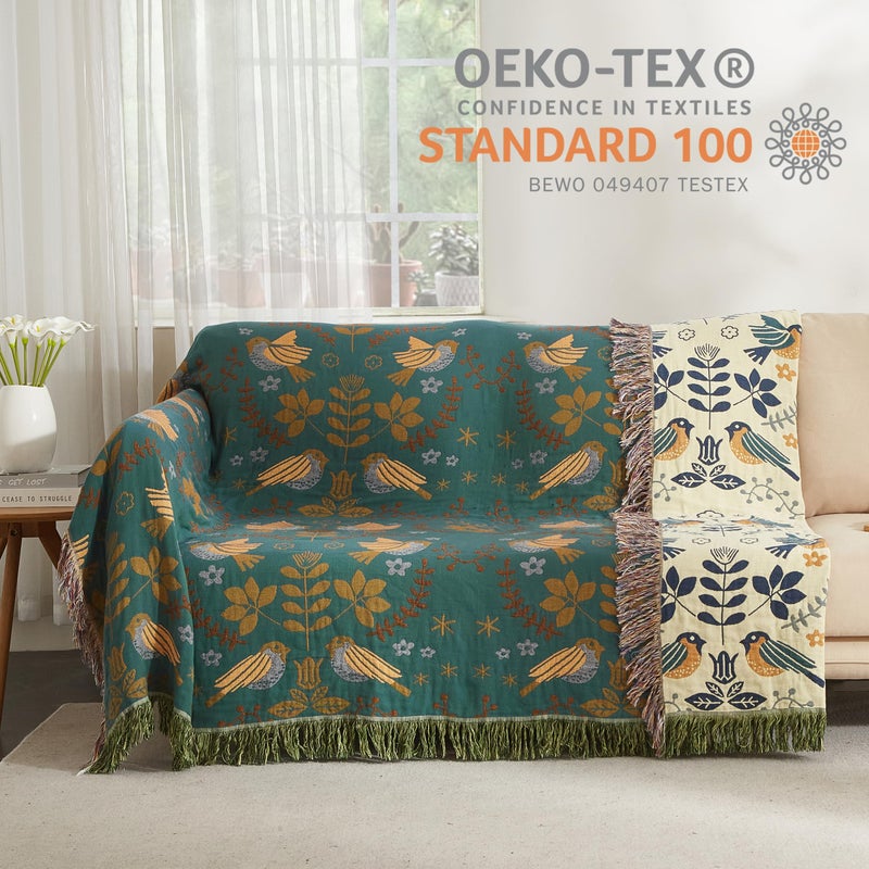 SE SOFTEXLY Boho Throw Blanket for Bed 60â€x80â€, 100% Cotton Woven Blanket for Couch Sofa, Ultra Soft 4-Layer Muslin Quilt with Bird Floral Printed, Farmhouse Bed Blanket/Cover for Living Room Decor - Image 4