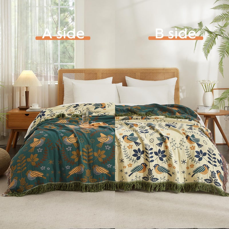 SE SOFTEXLY Boho Throw Blanket for Bed 60â€x80â€, 100% Cotton Woven Blanket for Couch Sofa, Ultra Soft 4-Layer Muslin Quilt with Bird Floral Printed, Farmhouse Bed Blanket/Cover for Living Room Decor - Image 2