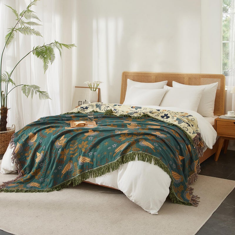 SE SOFTEXLY Boho Throw Blanket for Bed 60â€x80â€, 100% Cotton Woven Blanket for Couch Sofa, Ultra Soft 4-Layer Muslin Quilt with Bird Floral Printed, Farmhouse Bed Blanket/Cover for Living Room Decor - Image 3