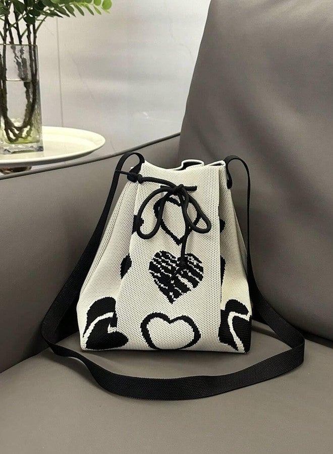 كون حقيبة دلو كروشيه برباط للنساء من كاون، حقيبة يد أنيقة، حقيبة كتف كروس، حقيبة يد بوهيمية أنيقة للشواطئ والحفلات والاستخدام اليومي. (بيج وأسود) - Image 4