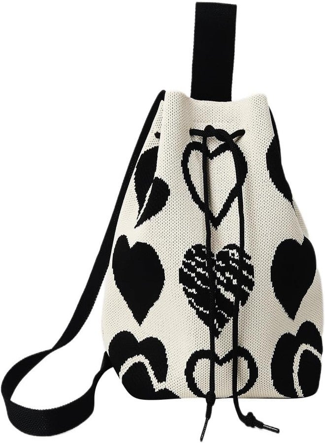 كون حقيبة دلو كروشيه برباط للنساء من كاون، حقيبة يد أنيقة، حقيبة كتف كروس، حقيبة يد بوهيمية أنيقة للشواطئ والحفلات والاستخدام اليومي. (بيج وأسود) - Image 1