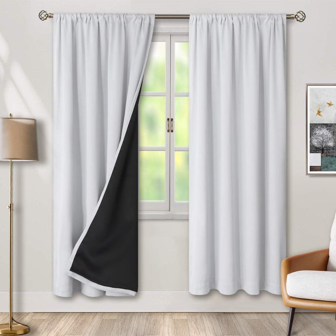 THERMAL INSULATED 100 BLACKOUT CURTAINS FOR BEDROOM WITH BLACK LINER DOUBLE LAYER FULL ROOM DARKENING NOISE REDUCING ROD POCKET CURTAIN 52 X 72 INCH GREYISH WHITE 2 PANELS