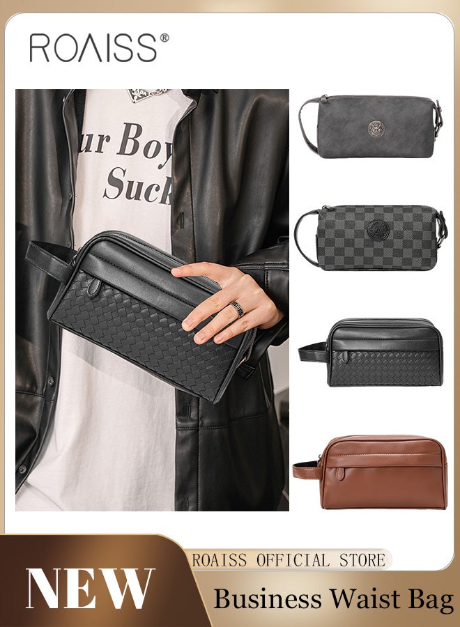 رويس حقيبة يد رجالية أنيقة مصنوعة يدويًا من جلد البولي يوريثان، مناسبة للعمل اليومي، بتصميم أفقي صغير، مزودة بمقبض مريح وسحاب، لون أسود. - Image 1