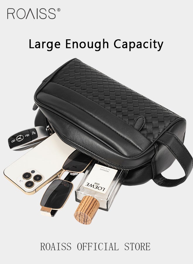 رويس حقيبة يد رجالية أنيقة مصنوعة يدويًا من جلد البولي يوريثان، مناسبة للعمل اليومي، بتصميم أفقي صغير، مزودة بمقبض مريح وسحاب، لون أسود. - Image 3