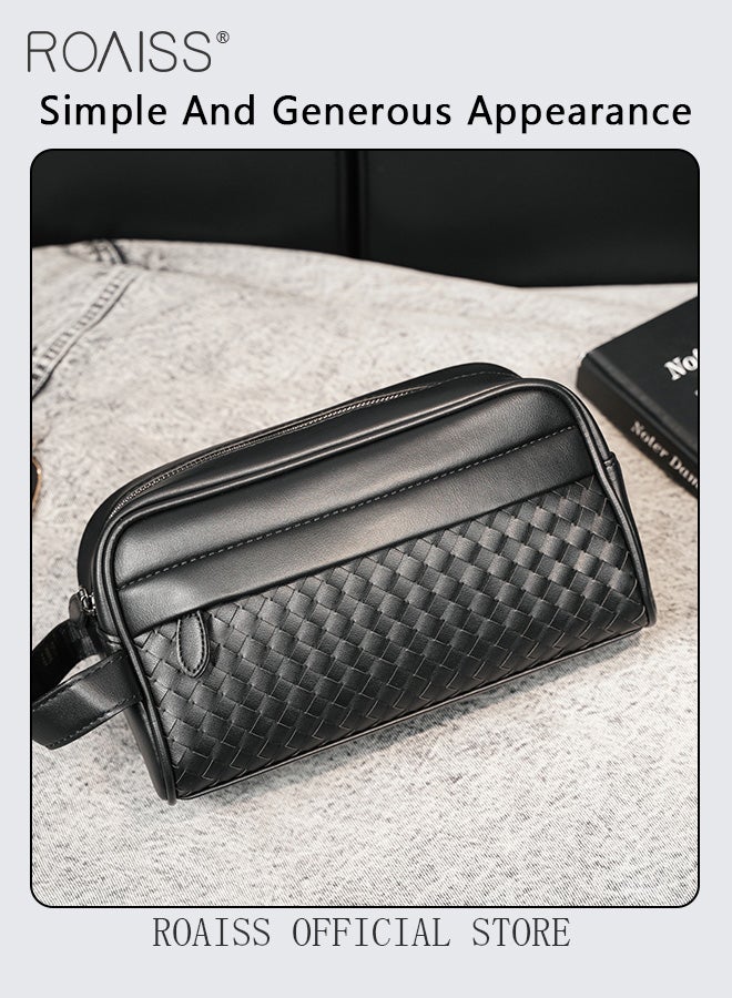 رويس حقيبة يد رجالية أنيقة مصنوعة يدويًا من جلد البولي يوريثان، مناسبة للعمل اليومي، بتصميم أفقي صغير، مزودة بمقبض مريح وسحاب، لون أسود. - Image 2