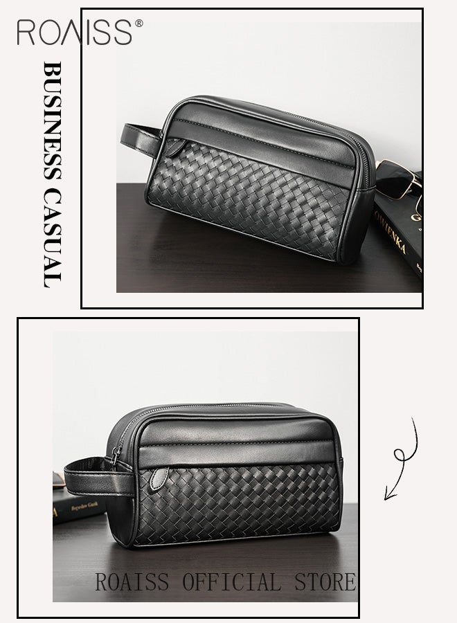 رويس حقيبة يد رجالية أنيقة مصنوعة يدويًا من جلد البولي يوريثان، مناسبة للعمل اليومي، بتصميم أفقي صغير، مزودة بمقبض مريح وسحاب، لون أسود. - Image 5