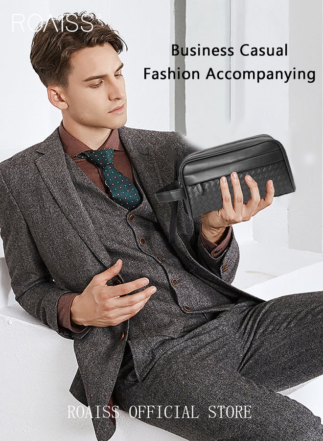 رويس حقيبة يد رجالية أنيقة مصنوعة يدويًا من جلد البولي يوريثان، مناسبة للعمل اليومي، بتصميم أفقي صغير، مزودة بمقبض مريح وسحاب، لون أسود. - Image 4