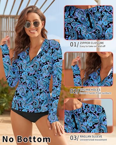 WOWENY Women Rash Guard Long Sleeve Swim Shirts UPF 50 Sun Protection Swimsuit Top Bathing Suit No Bottom(A-Black | Blue Retro Print, Large) - Image 4