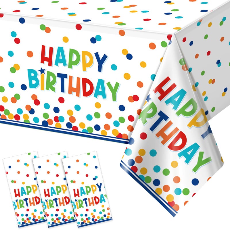 3 Pack Happy Birthday Plastic Tablecloth DecorationsDisposable Colorful Polka Dots Table ClothsRectangle Waterproof Table Cover for Girls Boys Birthday Baby Shower Party Decorations54x108 Inch