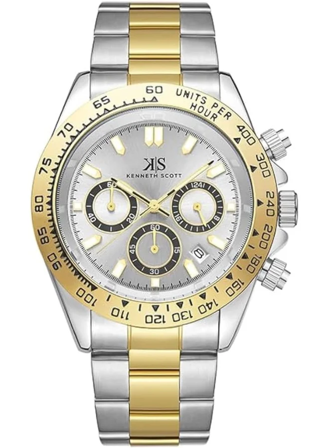كينيث سكوت Kenneth Scott Men LD53 Movement Watch, Multi Function Display and Stainless Steel Strap - K23123-TBTW, Gold/Silver