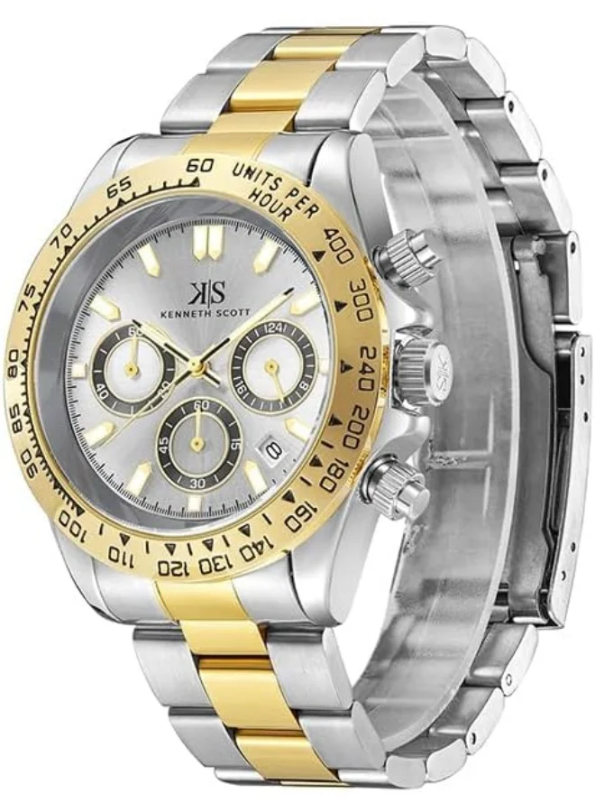 كينيث سكوت Kenneth Scott Men LD53 Movement Watch, Multi Function Display and Stainless Steel Strap - K23123-TBTW, Gold/Silver