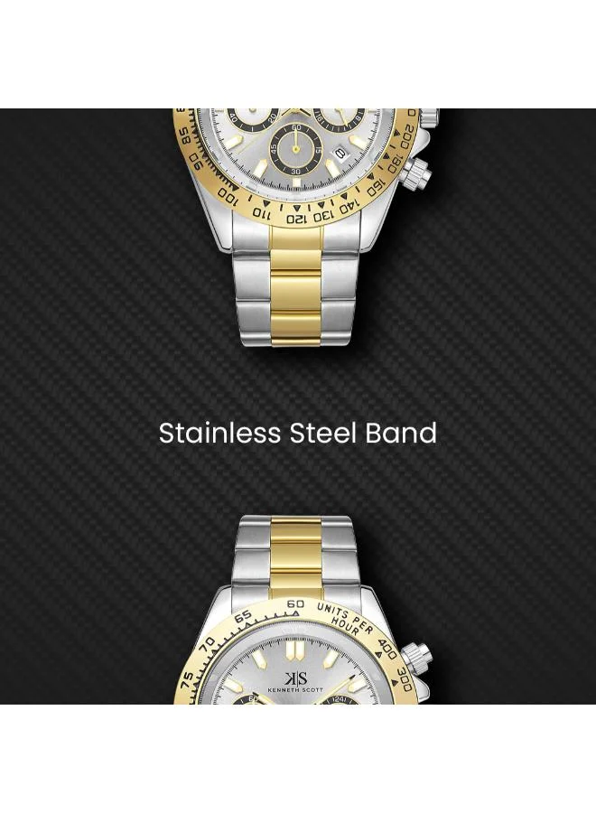 Kenneth Scott Silver Kenneth Scott Men LD53 Movement Watch, Multi Function Display and Stainless Steel Strap - K23123-TBTW, Gold/Silver for Men | Best Price UAE