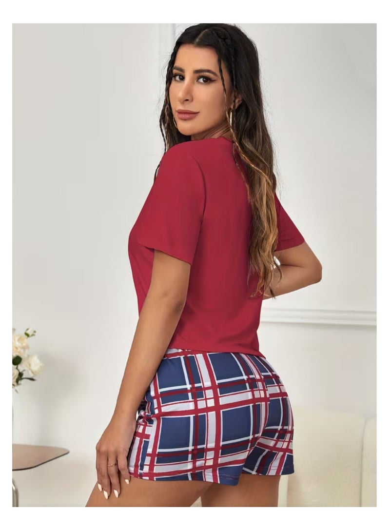 Women 2 Piece Pajama Set Crewneck Short Sleeve Printed Shorts Set Top and Shorts Loungewear Ladies Sleepwear - Image 2