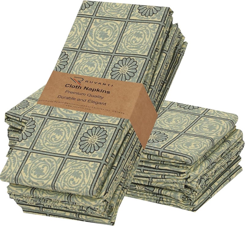 Ruvanti Cloth Napkins Set of 12 Cotton 100 18x18 Inches Napkins Cloth Washable Soft Absorbent Cotton Napkin for Parties Christmas Thanksgiving Weddings Dinner NapkinsCloth  Floral Tiles - Image 1