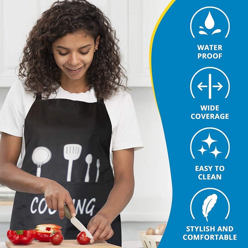 Luckam Waterproof Adjustable Aprons for Men & Women with 2 Pockets - Adorable Kitchen Cooking & BBQ Aprons, Oil Proof & Waterdrop Resistant (Black, Pack of 2) - Image 4