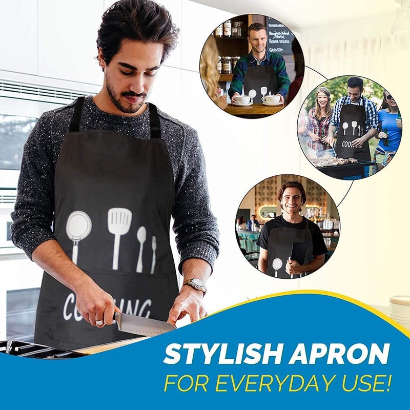Luckam Waterproof Adjustable Aprons for Men & Women with 2 Pockets - Adorable Kitchen Cooking & BBQ Aprons, Oil Proof & Waterdrop Resistant (Black, Pack of 2) - Image 2
