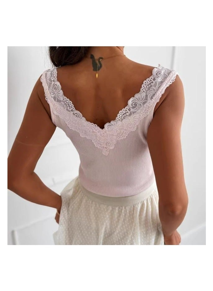 Lace Trim Knit Sleeveless Tank Top V-Neck Slim Fit - Image 2