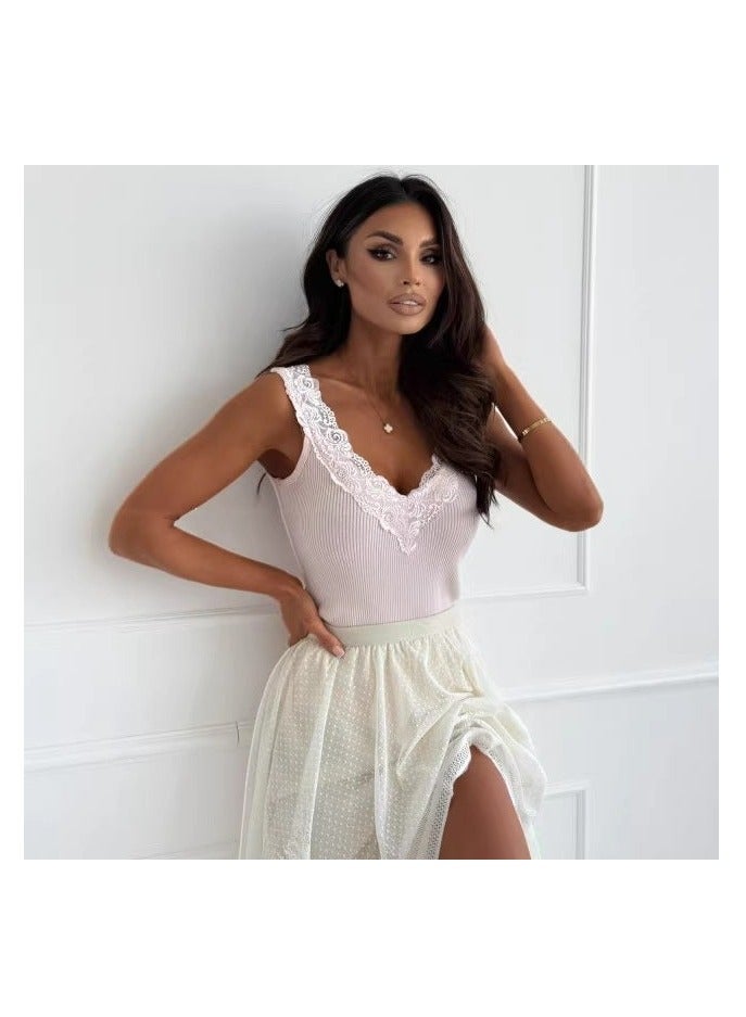 Lace Trim Knit Sleeveless Tank Top V-Neck Slim Fit - Image 3