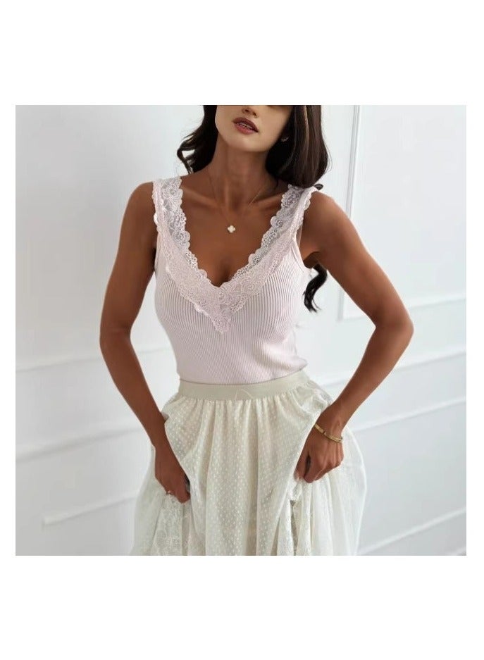 Lace Trim Knit Sleeveless Tank Top V-Neck Slim Fit - Image 4