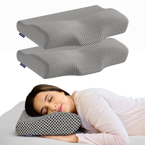 WELLGIVER Cervical Memory Foam Pillow for Neck Pain | 2 Year Warranty | 19 x 11 x 4 Inch Standard | Orthopedic Pillow Spondylitis NecK Shoulder Pain | Washable Jacquard Midnight Blue Cover | Pack of 2 - Image 1