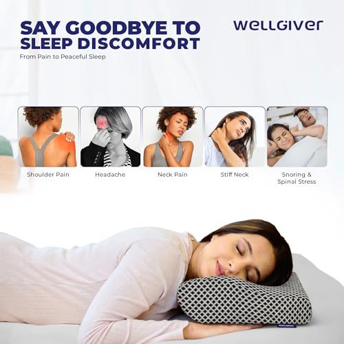 WELLGIVER Cervical Memory Foam Pillow for Neck Pain | 2 Year Warranty | 19 x 11 x 4 Inch Standard | Orthopedic Pillow Spondylitis NecK Shoulder Pain | Washable Jacquard Midnight Blue Cover | Pack of 2 - Image 3
