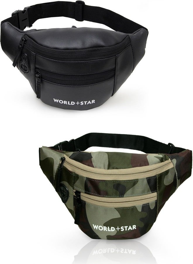 World Star Polyester Waist Pack Travel Handy Hiking Zip Pouch Document Money Phone Belt Sport Bag for Men and Women and Adult | Khaki Black-1 | Rock Army Black Combo Waist Bag - Image 1