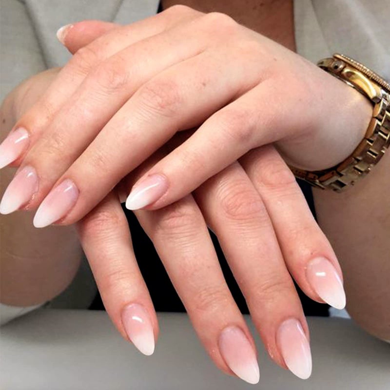 YOSOMK Press on Nails Medium Fake Nails Almond False Nail for Women Natural Ombre Pink White - Image 2