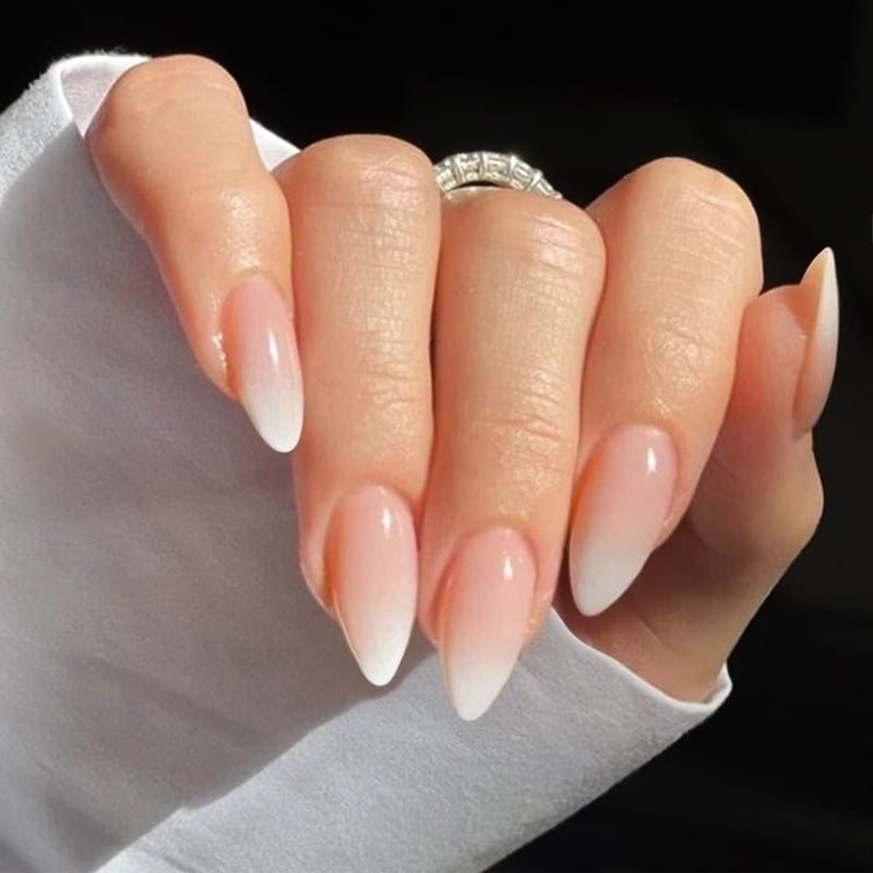 YOSOMK Press on Nails Medium Fake Nails Almond False Nail for Women Natural Ombre Pink White - Image 1