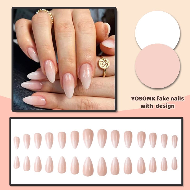 YOSOMK Press on Nails Medium Fake Nails Almond False Nail for Women Natural Ombre Pink White - Image 4