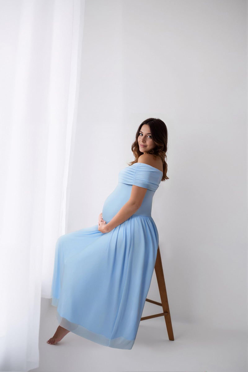 OUGES Women's 2026 Summer Spring Off The Shoulder Mesh Maxi Maternity Baby Shower Dresses for Photoshoot Wedding Guest Sleeveless Formal Pleated Long Flowy Pregnancy Must Have Clothes(Sky Blue,L) - Image 5