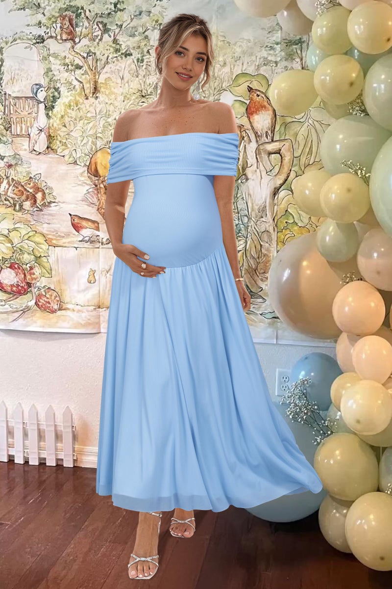 OUGES Women's 2026 Summer Spring Off The Shoulder Mesh Maxi Maternity Baby Shower Dresses for Photoshoot Wedding Guest Sleeveless Formal Pleated Long Flowy Pregnancy Must Have Clothes(Sky Blue,L) - Image 2