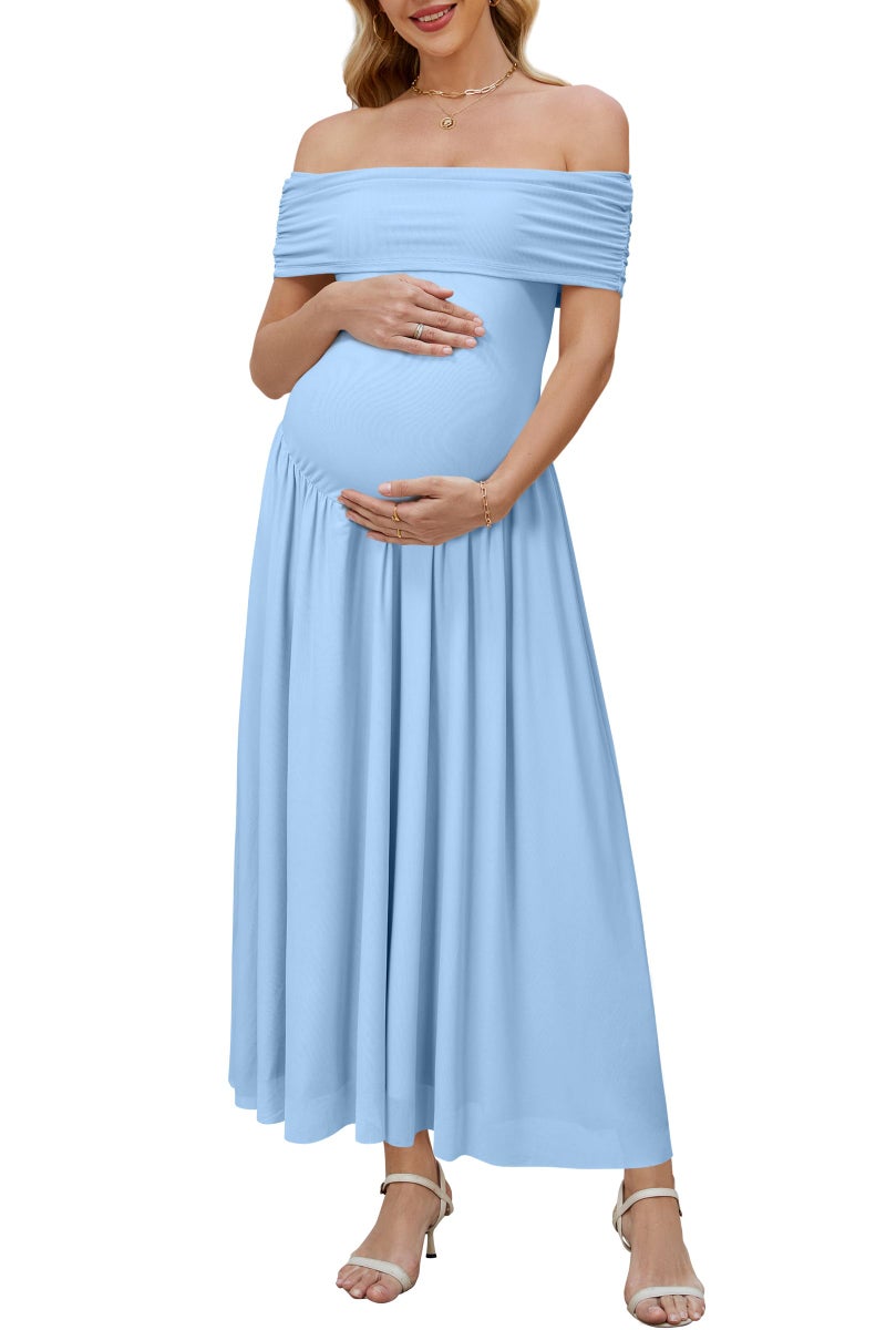 OUGES Women's 2026 Summer Spring Off The Shoulder Mesh Maxi Maternity Baby Shower Dresses for Photoshoot Wedding Guest Sleeveless Formal Pleated Long Flowy Pregnancy Must Have Clothes(Sky Blue,L) - Image 1