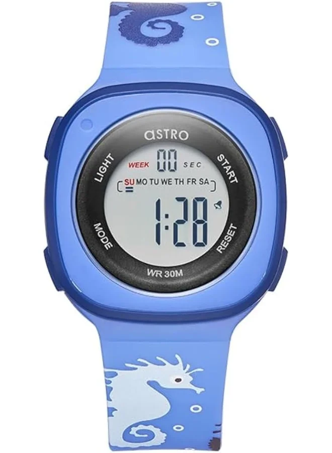 أسترو Astro Kids Watch, Digital Display and Polyurethane Strap - A23913-PPNN-SH, Dark Blue-Seahorse Print