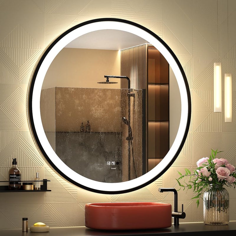 GANPE LED Sensor Mirror Round Human Body Induction Black Framed Vanity Mirror Illuminated Dimmable Anti Fog IP44 Waterproof Wall Mounted Mirror 28 L x 28 W