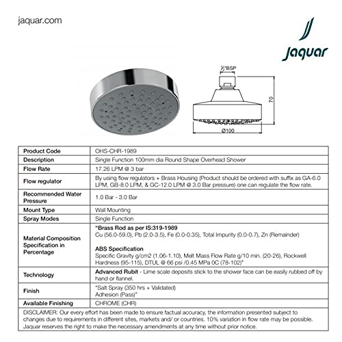Jaquar Overhead Shower Single Flow, 100mm dia, (ABS CP), OHS-CHR-1989 - Image 3