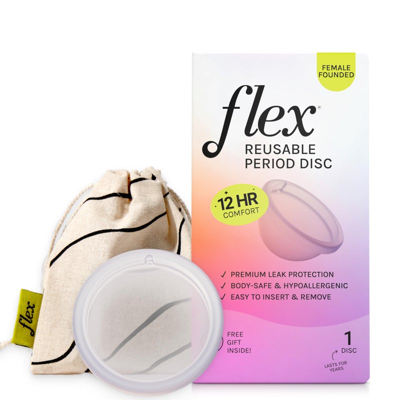 FLEX Flex Reusable Disc Reusable Menstrual Disc Tampon Pad and Cup Alternative Capacity of 6 Super Tampons Lasts for Years Includes Carrying Pouch 2 Free Disposable Discs 