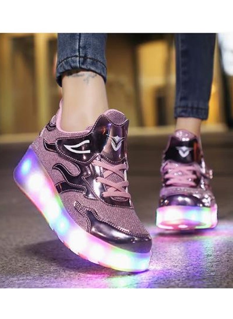 Oriental Greet - LED Flash Fashion Shiny Sneakers with Wheels and Light Sole Ice Skates Pink Size 33-38 - Image 1