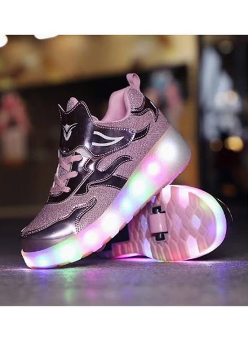 Oriental Greet - LED Flash Fashion Shiny Sneakers with Wheels and Light Sole Ice Skates Pink Size 33-38 - Image 1